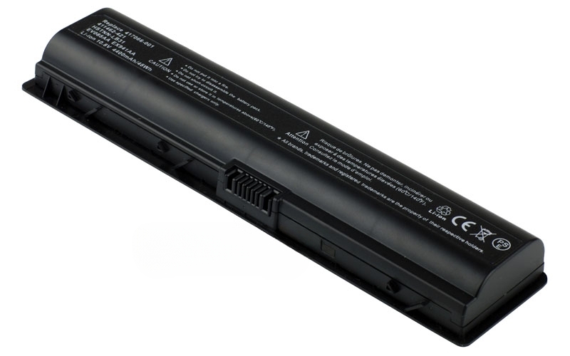 10.8V 56Wh 6-Cell Battery for HP Pavilion DV2000 DV2100 DV6000 DV6500 DV6700 DV6800 Compaq Presario V3000 V3500 V6000 V6700 (P/N: 411462-141 EV088AA HSTNN-C17C HSTNN-IB32 HSTNN-LB42) – Front view top 45° angle
