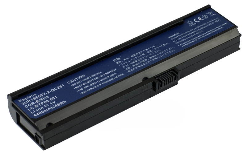 11.1V 49Wh 6-Cell Battery for Acer Aspire 3050 3680 5050 5500 Acer TravelMate 2480 3260 3270 3274 (P/N: LIP6220QUPC SY6 3UR18650-2-QC261 BT.00603.006) – Front view top 45° angle