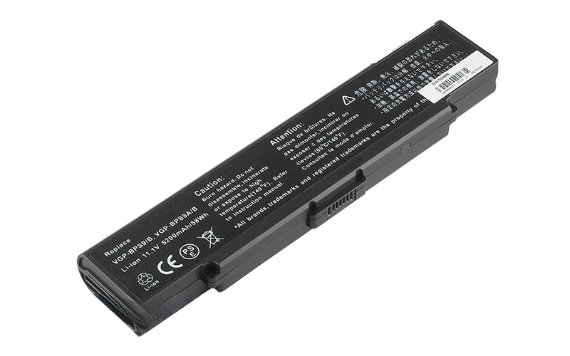 11.1V 5200mAh/58Wh 6-cell battery compatible with Sony VGP-BPS9/B VGP-BPS10 VGP-BPS9A/B – Front view top 45° angle
