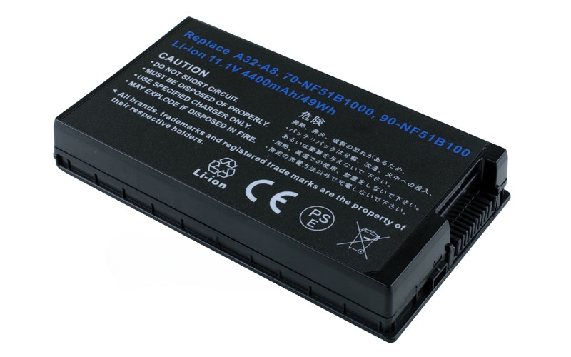 11.1V 5200mAh/58Wh 6-Cell Battery for ASUS A8 A8000 F50 F80 N80 X80 Z99 (P/N: A32-A8 A32-F80 A32-F80A 70-NF51B1000Y 90-NF51B1000) – Front view top 45° angle