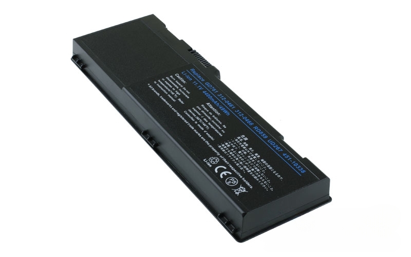 11.1V 5200mAh/58Wh 6-Cell Battery for Dell Inspiron 1501 6400 E1505 PP20L Dell Latitude 131L Dell Vostro 1000 (P/N: GD761 RD859 UD267 XU937 451-10338 451-10424 312-0466 312-0599) – Front view top 45° angle