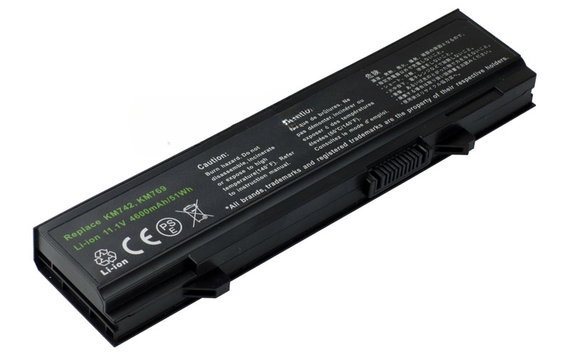 11.1V 5200mAh/58Wh 6-Cell Battery for Dell Latitude E5400 E5410 E5500 E5510 (P/N: 312-0762 312-0769 451-10616 KM742 KM769) – Front view top 45° angle