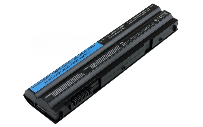 11.1V 5200mAh/58Wh 6-Cell Battery for Dell Latitude E5420 E5520 E5530 Vostro 3460 3560 Inspiron 14R 5420 15R 7520 17R 7720 (P/N: 312-1163 312-1242 7FJ92 T54FJ T54F3 NHXVW) – Front view top 45° angle