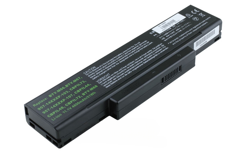 11.1V 5200mAh/58Wh 6-Cell Battery for MSI&nbsp;PR600 VR600&nbsp;CR400 CX420 EX720 GT720 GX640 (P/N: BTY-M66 BTY-M67 BTY-M68 CBPIL48 CBPIL64 CBPIL72 CBPIL73) – Front view top 45° angle