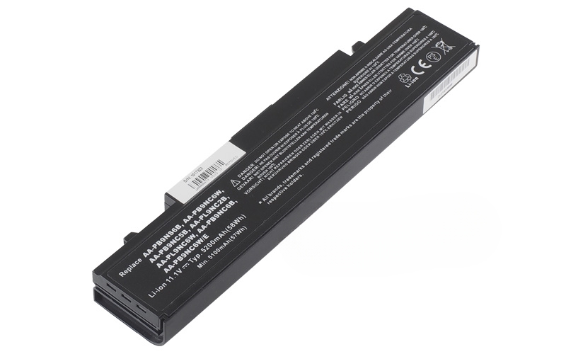 11.1V 58Wh 6-Cell Battery for Samsung R519 NP300E5C R410 R470 RV510 R610 R710 X360 X460 (P/N: AA-PB9NC6B AA-PB9NS6B AA-PB9NC6W AA-PB9NC5B AA-PL9NC2B AA-PL9NC6W) – Front view top 45° angle