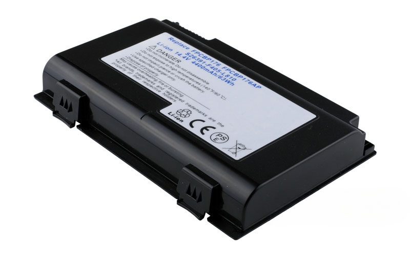 14.4V 63Wh 8-Cell Battery for Fujitsu LifeBook E8410 E8420 A1220 A6210 A6220 AH550 (P/N: FPCBP176AP FPCBP233AP FPCBP251) – Front view top 45° angle