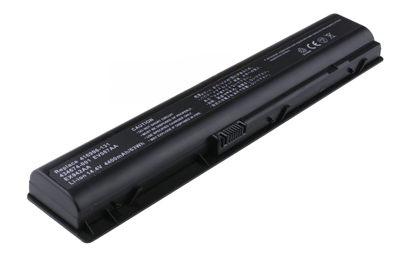 14.4V 75Wh 8-Cell Battery for HP Pavilion DV9000 DV9100 DV9200 DV9500 DV9600 DV9700 (P/N: EV087AA HSTNN-IB34 HSTNN-IB40) – Front view top 45° angle