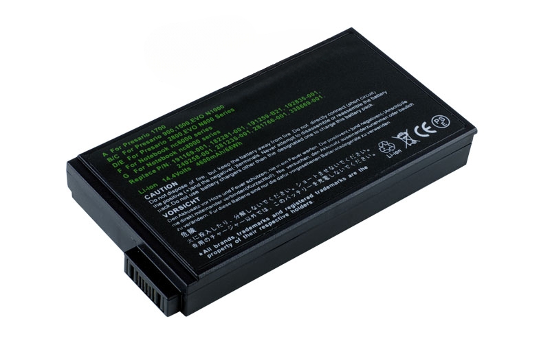 14.4V&nbsp;4400mAh/63Wh 8-Cell Battery for HP Compaq NC6000 NC8000 NX5000 NW8000&nbsp;Compaq Evo N1000C N1015V N160 N800C Compaq Presario 1500 2800 (P/N: HSTNN-IB04 PPB004A 280207-001 182281-001 265651-B25) – Front view top 45° angle