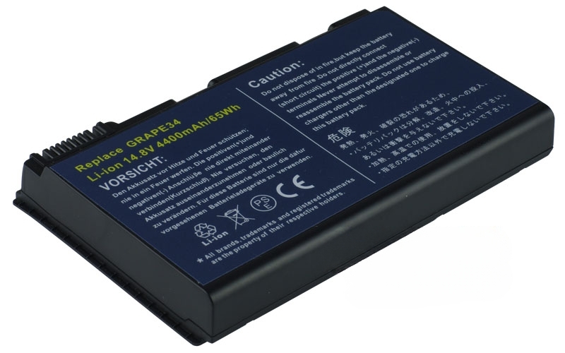 14.8V 5200mAh/77Wh 8-Cell Battery for Acer Extensa 5210 5610 5620Z 5630G Acer TravelMate 5220 5710 5720 6592 7220 7720G (P/N: GRAPE34 TM00742 LC.BTP00.006 BT.00807.016) – Front view top 45° angle