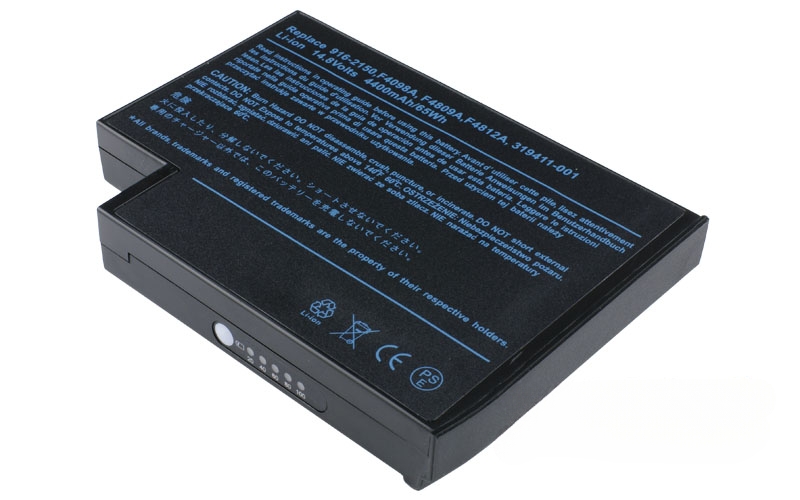 14.8V 77Wh 8-Cell Battery for HP Compaq NX9000 NX9010 HP Pavilion ZE4000 ZE4300 ZE5000 Compaq Evo N1010V N1050V Compaq Presario 2100 2500 (P/N: F4809A HSTNN-DB13 HSTNN-IB13 916-2160) – Front view top 45° angle