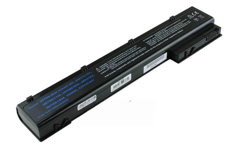 14.8V 77Wh 8-Cell Battery for HP EliteBook 8560w 8570w 8760w 8770w (P/N: 632113-151 632425-001 632427-001 HSTNN-F10C HSTNN-I93C HSTNN-IB2P HSTNN-LB2P QK641AA VH08XL) – Front view top 45° angle