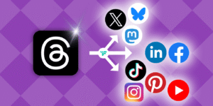 A graphic showing different social media logos with arrows pointing between them, symbolizing the complex nature of crossposting.