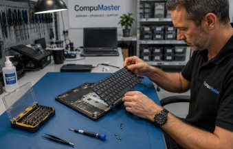 Technician replacing a laptop keyboard at a professional computer repair workshop using precision tools.