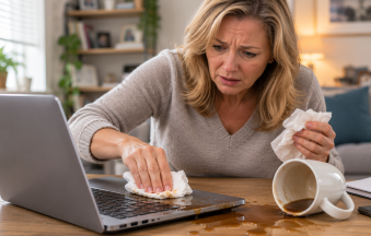 Middle-aged woman using tissues to clean coffee from a laptop after accidentally spilling a mug in her home office.