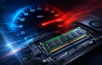 Photorealistic concept of an open laptop with a visible RAM module and a glowing red and blue speedometer, symbolising a laptop memory upgrade for faster performance and improved multitasking.