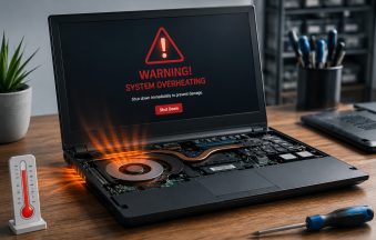 Technician servicing an overheating laptop by inspecting the internal cooling fan and heat sink during a professional laptop overheating repair and internal cleaning.