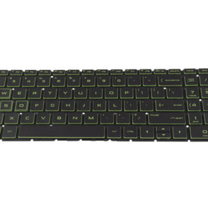 HP Pavilion Gaming 15-ec2000ni Keyboard (with backlit keys and green lettering) – Front view – keys & layout