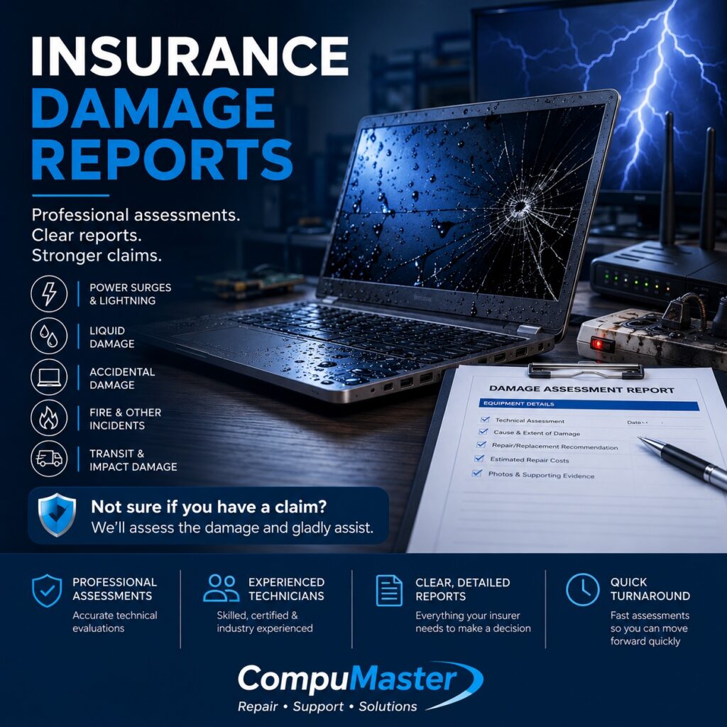 insurance damage reports electronics laptop computer tv router compumaster onsite