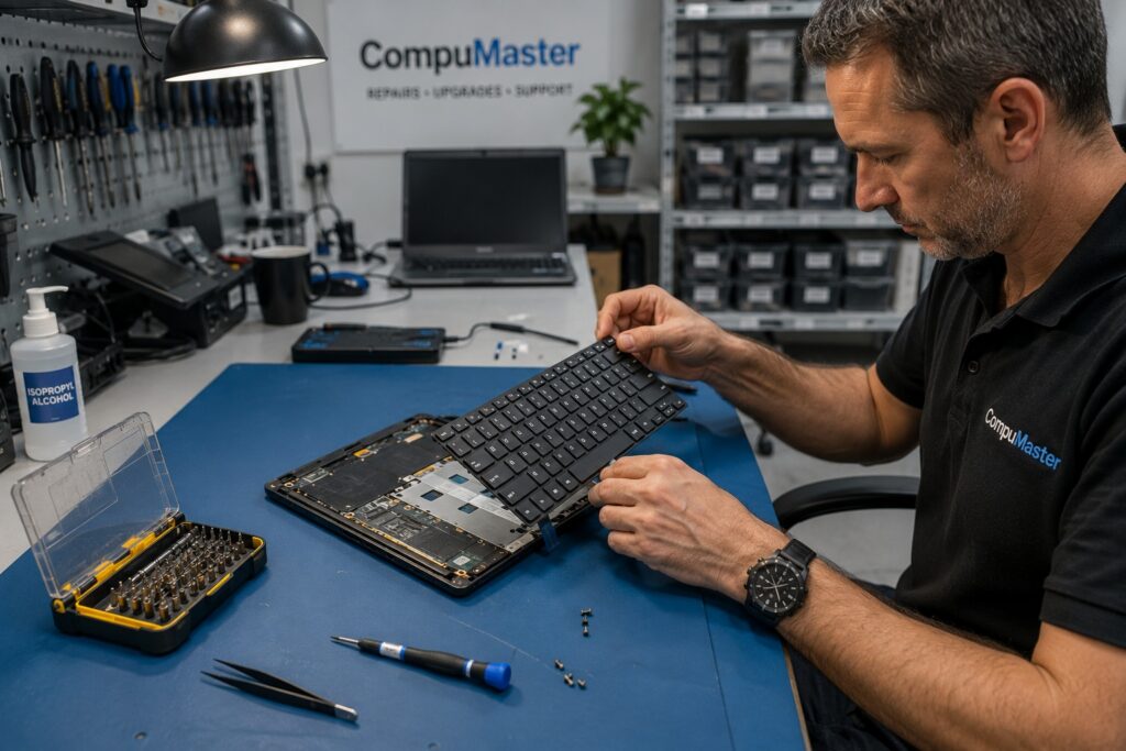 Technician replacing a laptop keyboard at a professional computer repair workshop using precision tools.