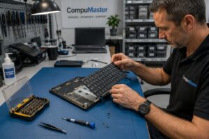 Technician replacing a laptop keyboard at a professional computer repair workshop using precision tools.