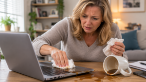 Middle-aged woman using tissues to clean coffee from a laptop after accidentally spilling a mug in her home office.