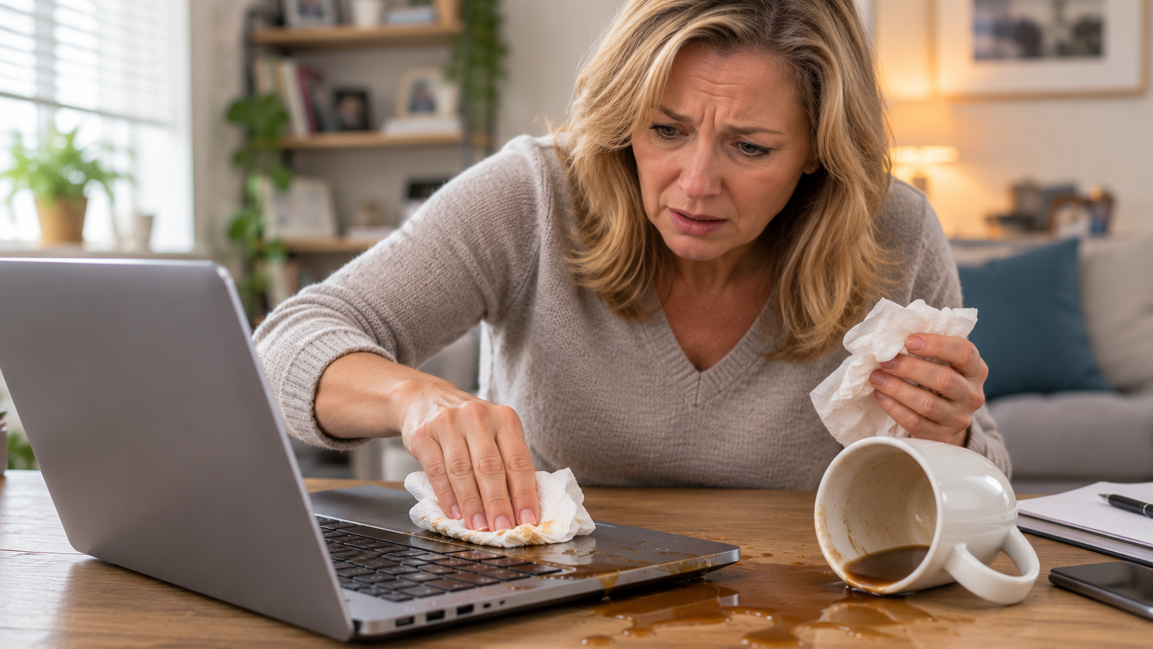 Middle-aged woman using tissues to clean coffee from a laptop after accidentally spilling a mug in her home office.