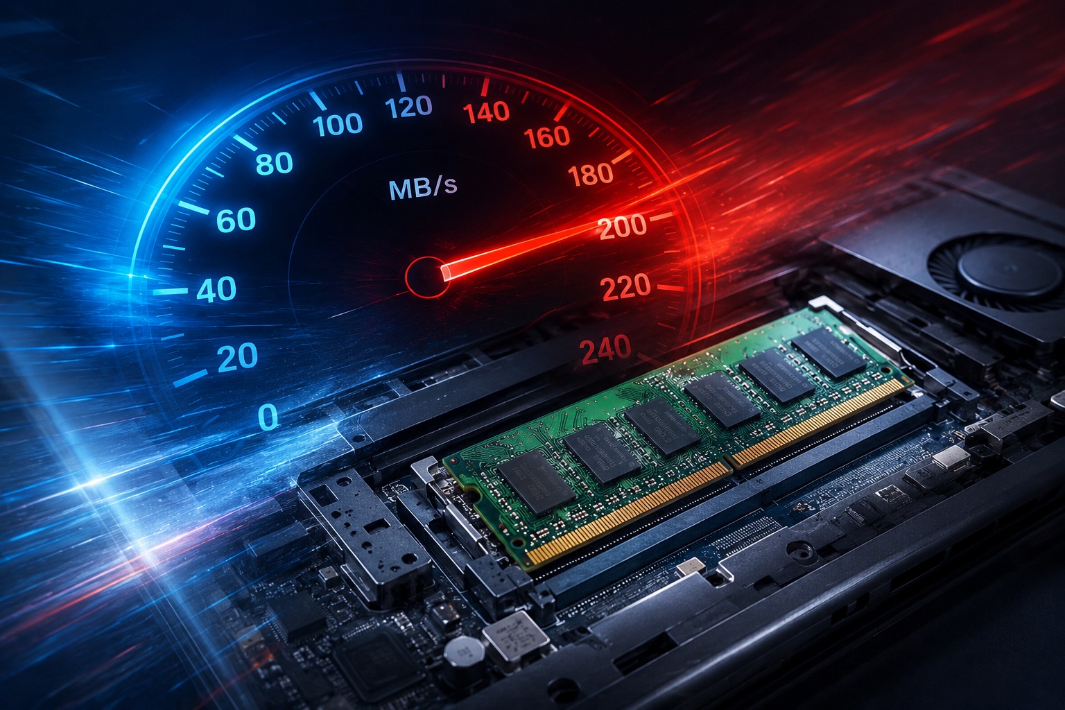 Photorealistic concept of an open laptop with a visible RAM module and a glowing red and blue speedometer, symbolising a laptop memory upgrade for faster performance and improved multitasking.