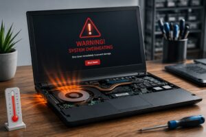 Technician servicing an overheating laptop by inspecting the internal cooling fan and heat sink during a professional laptop overheating repair and internal cleaning.
