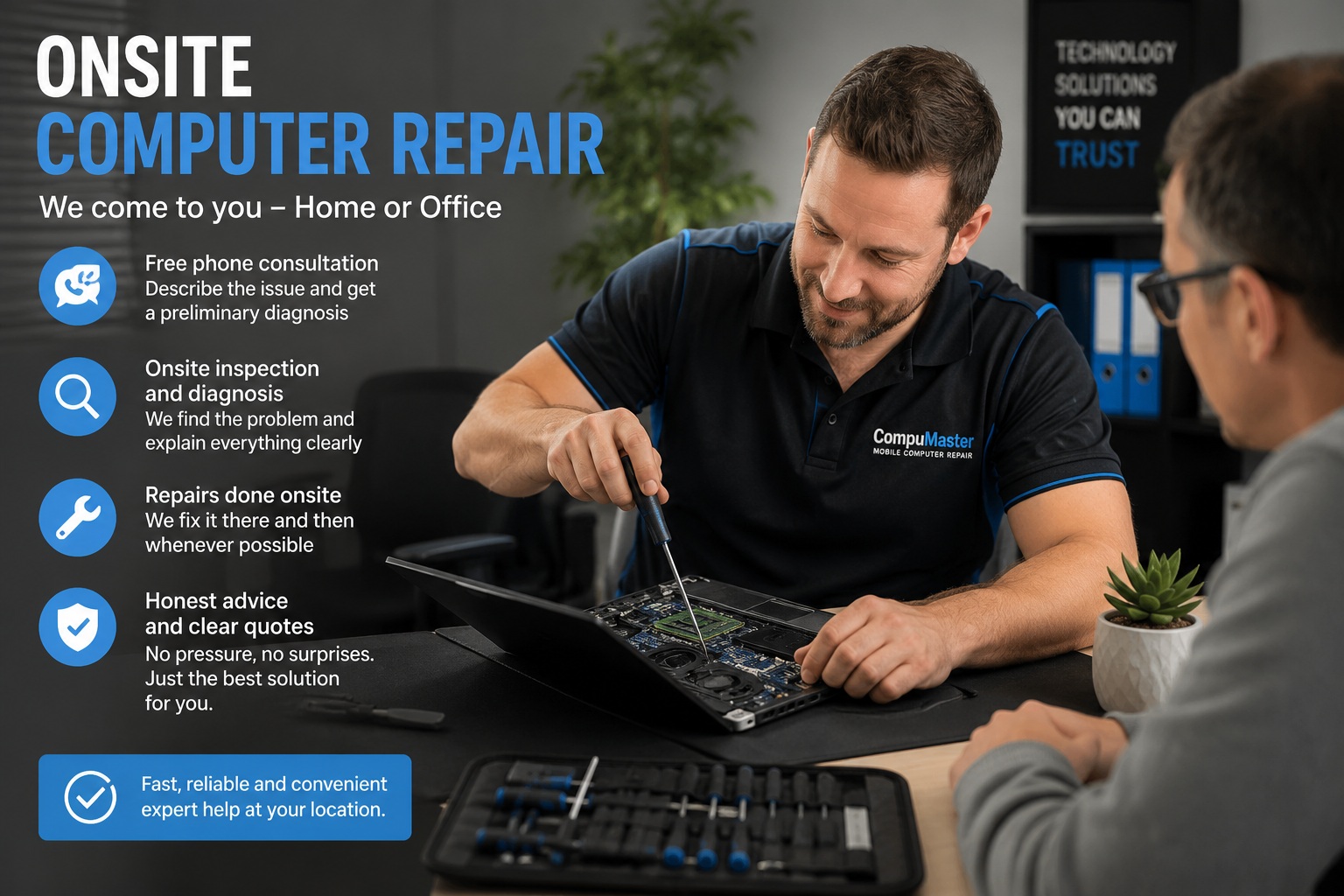 Computer technician performing an onsite laptop repair at a customer's office while explaining the diagnosis and repair options.